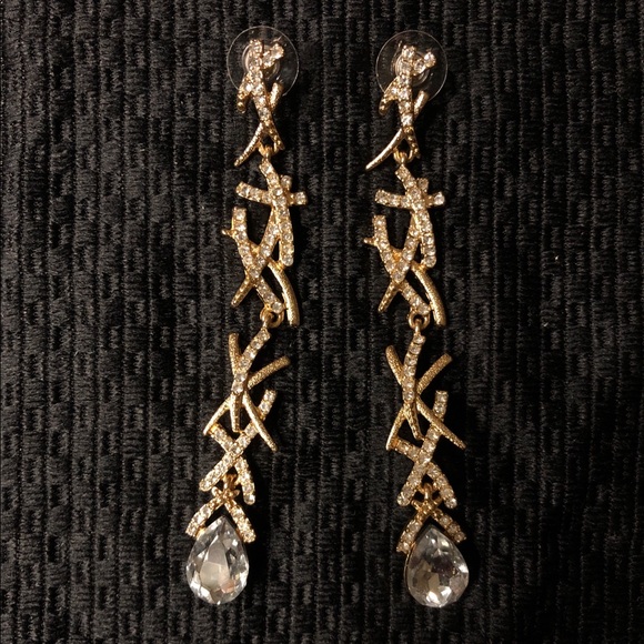 Gold Tone and Rhinestone Drop Earrings - Picture 2 of 2